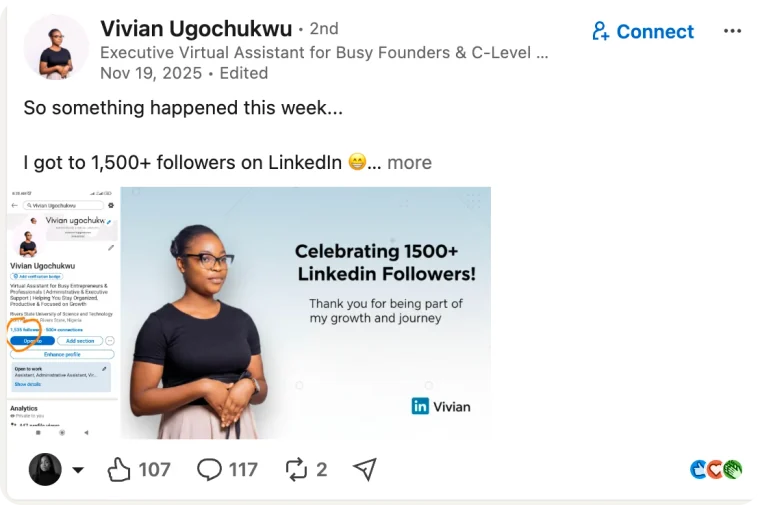 LinkedIn post by Vivian Ugochukwu that opens “So something happened this week… I got to 1,500+ followers on LinkedIn”, with a screenshot of her profile and a celebration graphic.
