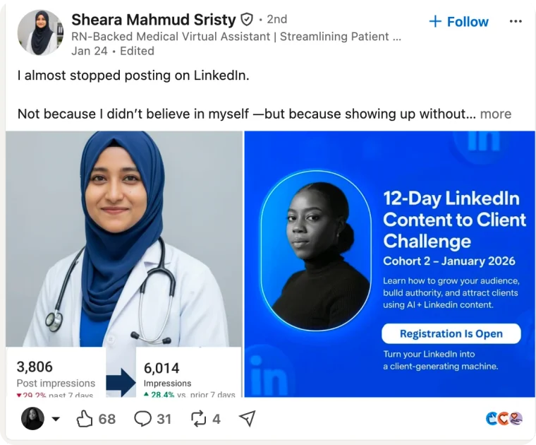 LinkedIn post by Sheara Mahmud Sristy that opens “I almost stopped posting on LinkedIn”, showing a portrait, a before-and-after impressions comparison and a flyer for a 12-Day LinkedIn Content to Client Challenge.